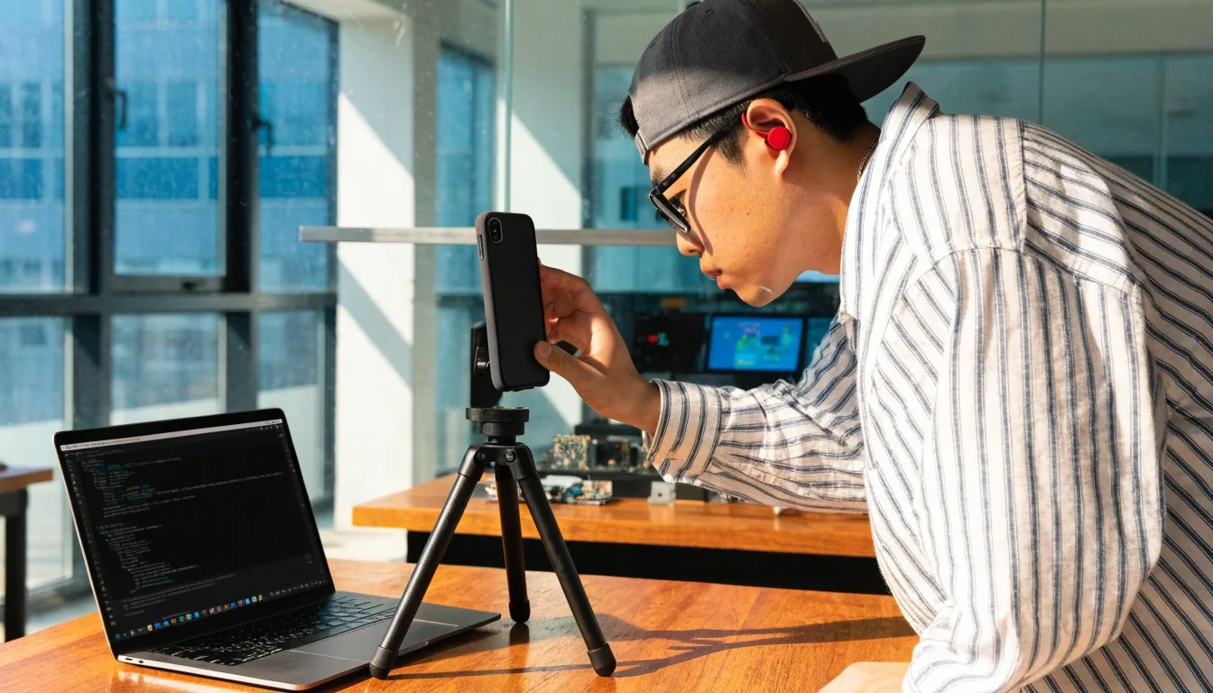 Aixo Lab 개발팀의 작업 책상 위에 놓인 기기와 노트북